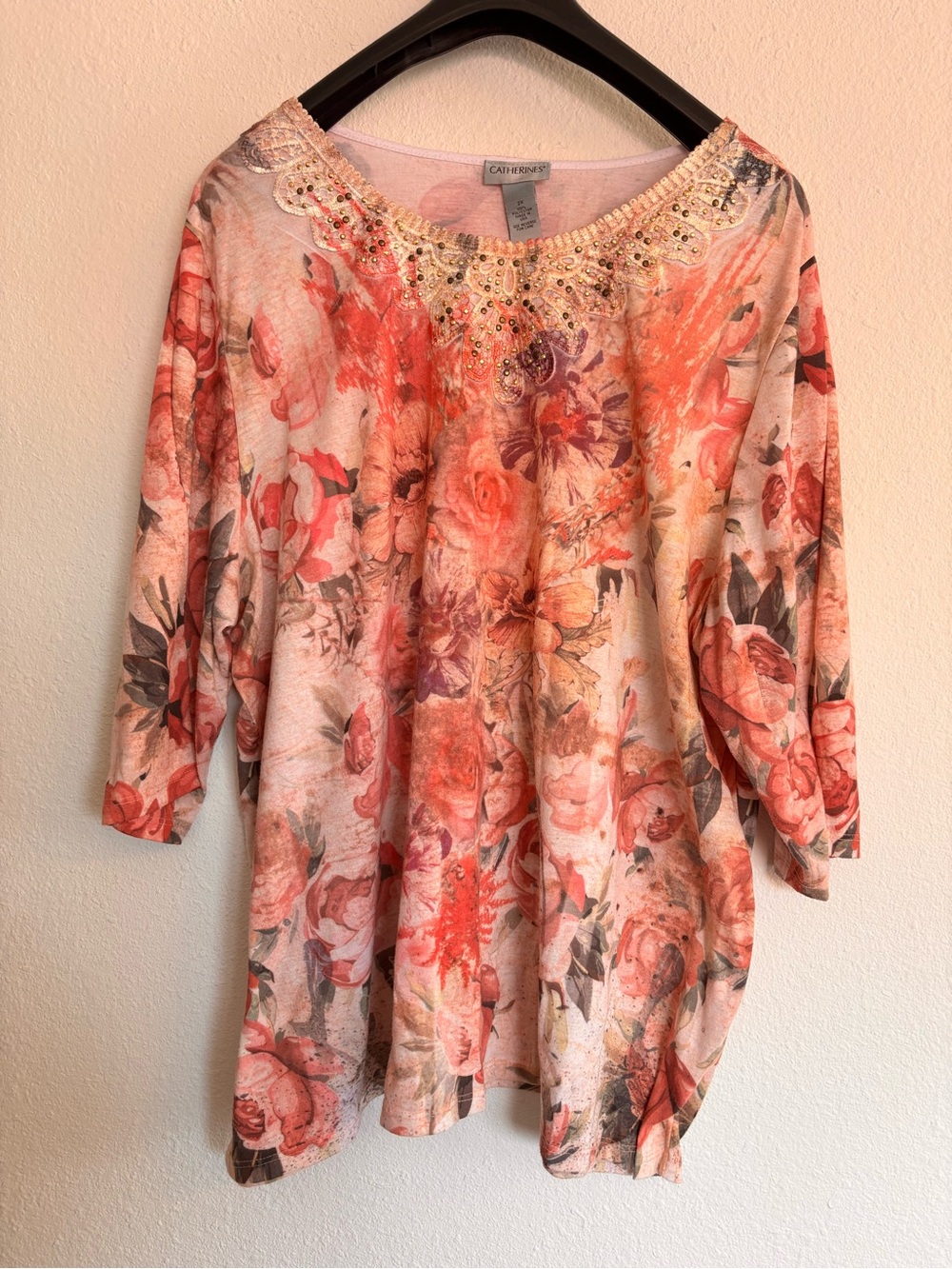 Catherines Embellished Floral Tunic Top | 2X Plus Size | 3/4 sleeve